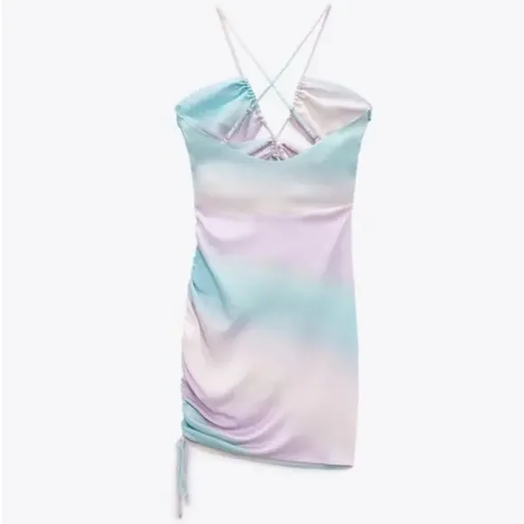 ZARA Tie Dye Satin Effect Mini Dress Drawstring & Cutouts Large - Picture 4 of 10